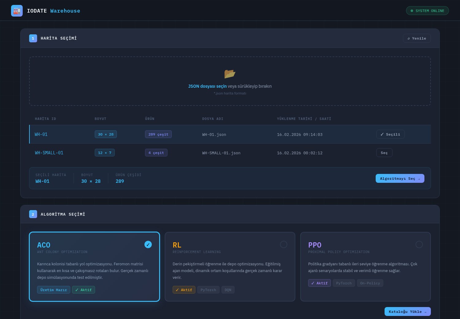 Warehouse automation platform: map selection table and algorithm choice between ACO, RL and PPO